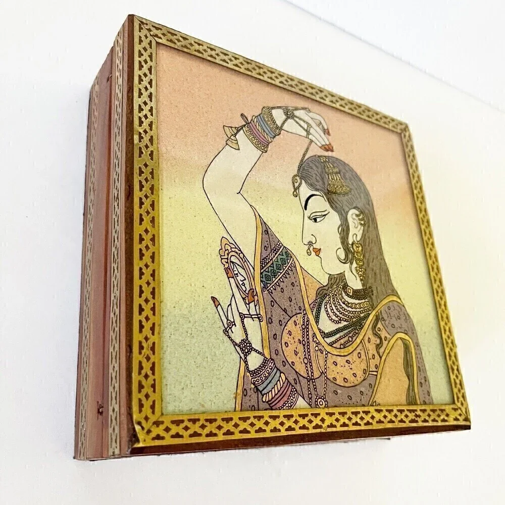 Indian Art Gemstone Painting Indian Wooden Jewelry Box Bani Thani Handcrafted